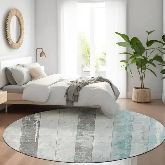 8' Pale Aqua And Charcoal Round Striped Washable Indoor Outdoor Area Rug Photo 6