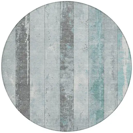 8' Pale Aqua And Charcoal Round Striped Washable Indoor Outdoor Area Rug Photo 3