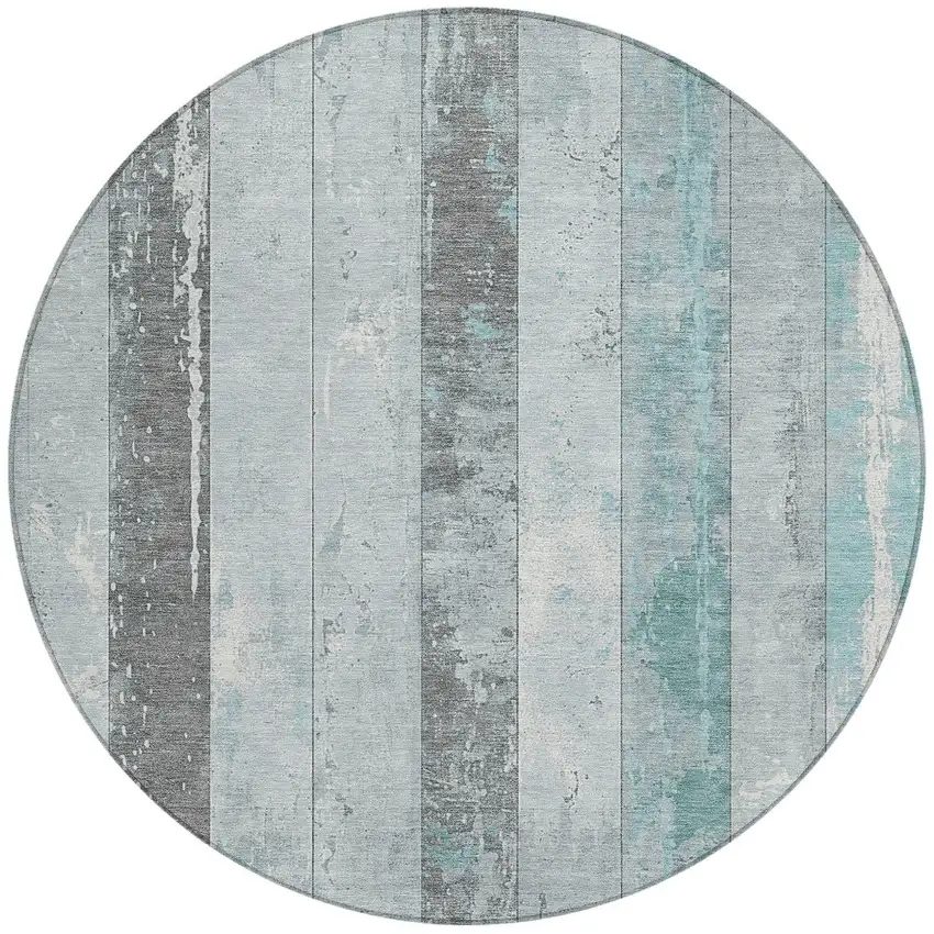 8' Pale Aqua And Charcoal Round Striped Washable Indoor Outdoor Area Rug Photo 3