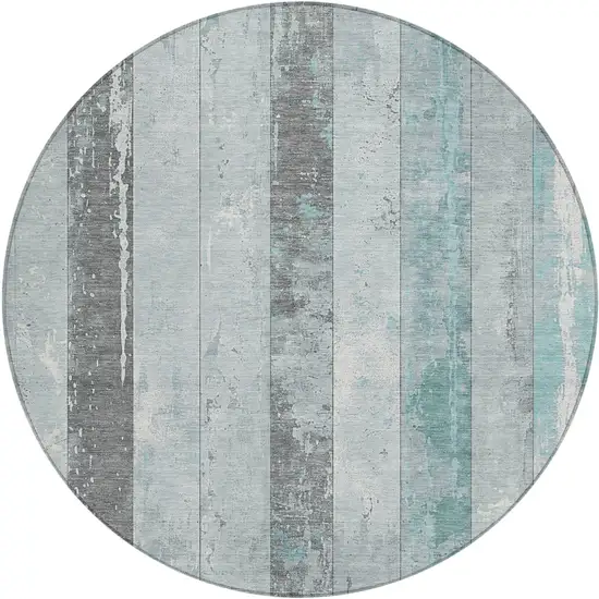 8' Pale Aqua And Charcoal Round Striped Washable Indoor Outdoor Area Rug Photo 1