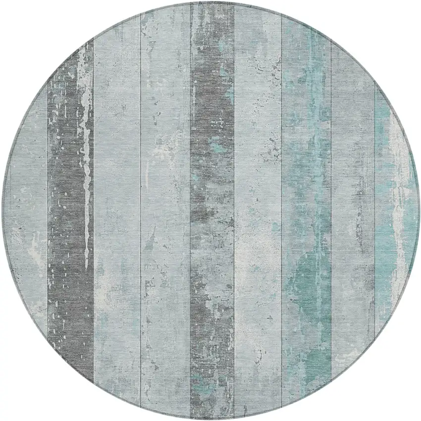 8' Pale Aqua And Charcoal Round Striped Washable Indoor Outdoor Area Rug Photo 1