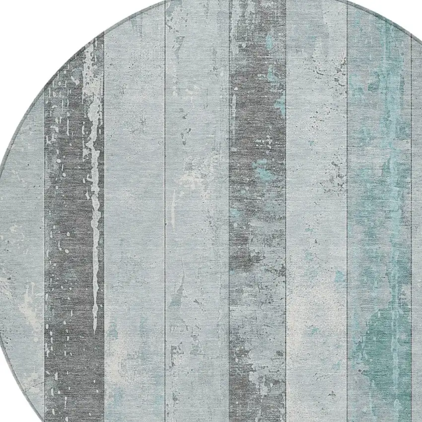 8' Pale Aqua And Charcoal Round Striped Washable Indoor Outdoor Area Rug Photo 8