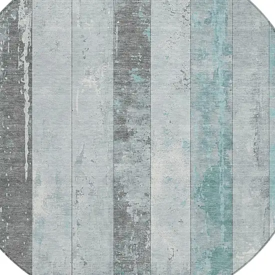 8' Pale Aqua And Charcoal Round Striped Washable Indoor Outdoor Area Rug Photo 4