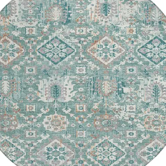 8' Pale Aqua And Copper Round Floral Medallion Washable Indoor Outdoor Area Rug Photo 8