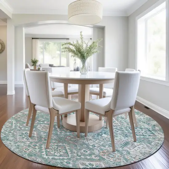 8' Pale Aqua And Copper Round Floral Medallion Washable Indoor Outdoor Area Rug Photo 6