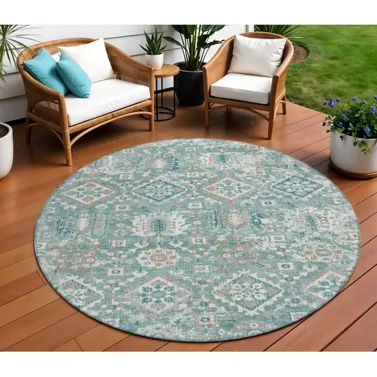 8' Pale Aqua And Copper Round Floral Medallion Washable Indoor Outdoor Area Rug Photo 2