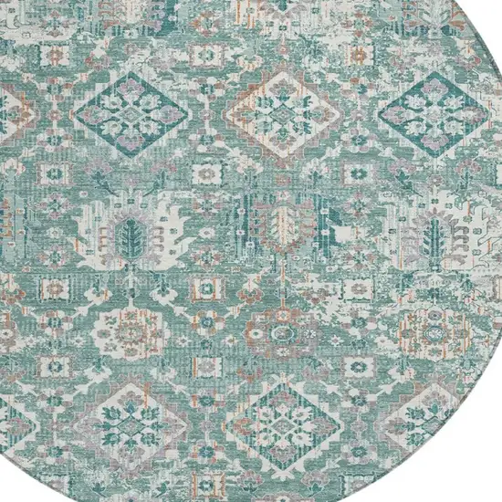 8' Pale Aqua And Copper Round Floral Medallion Washable Indoor Outdoor Area Rug Photo 4
