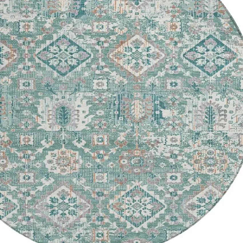 8' Pale Aqua And Copper Round Floral Medallion Washable Indoor Outdoor Area Rug Photo 4