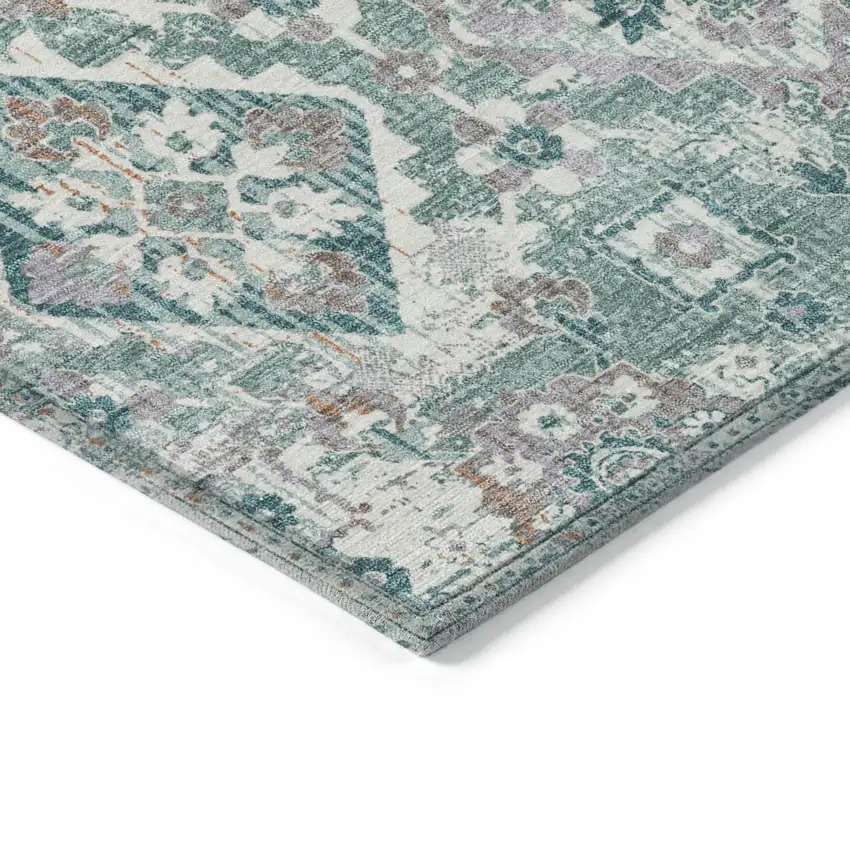 8' Pale Aqua And Copper Round Floral Medallion Washable Indoor Outdoor Area Rug Photo 7