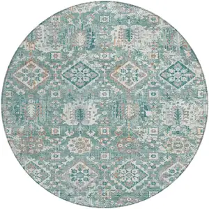 Photo of 8' Pale Aqua And Copper Round Floral Medallion Washable Indoor Outdoor Area Rug