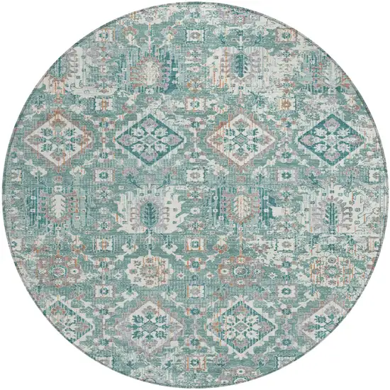 8' Pale Aqua And Copper Round Floral Medallion Washable Indoor Outdoor Area Rug Photo 1