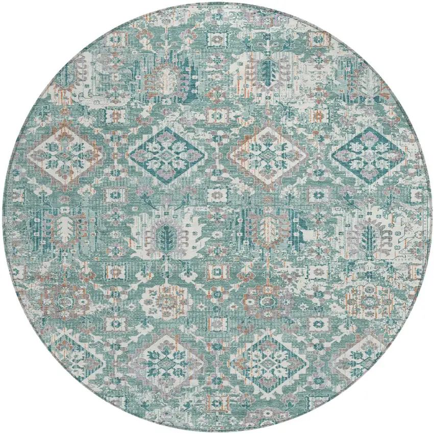 8' Pale Aqua And Copper Round Floral Medallion Washable Indoor Outdoor Area Rug Photo 1