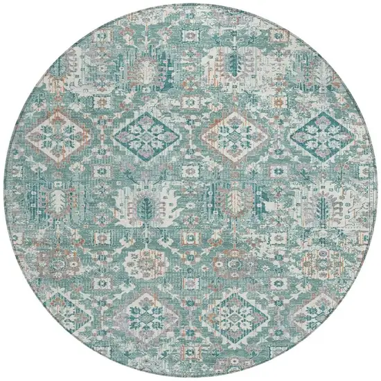 8' Pale Aqua And Copper Round Floral Medallion Washable Indoor Outdoor Area Rug Photo 3