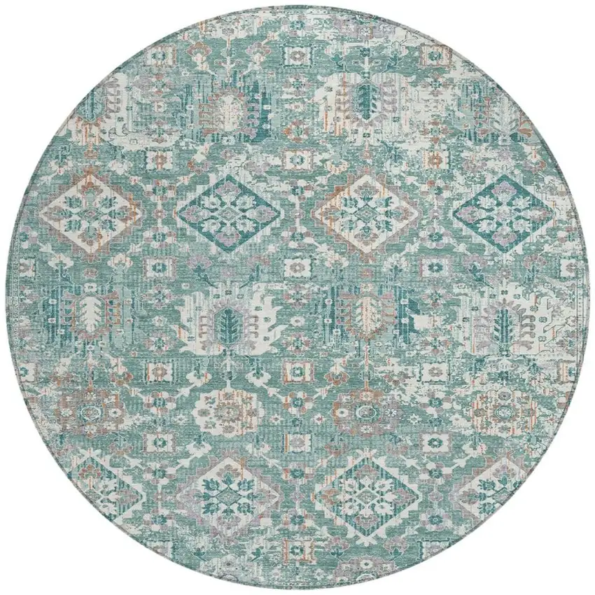 8' Pale Aqua And Copper Round Floral Medallion Washable Indoor Outdoor Area Rug Photo 3