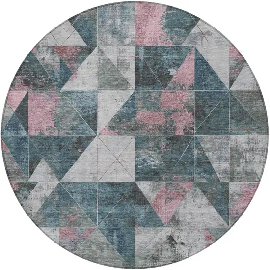 8' Pale Aqua And Coral Round Geometric Washable Indoor Outdoor Area Rug Photo 3