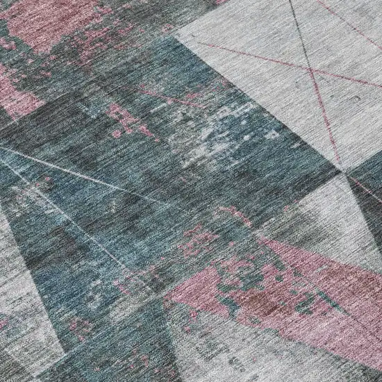 8' Pale Aqua And Coral Round Geometric Washable Indoor Outdoor Area Rug Photo 9