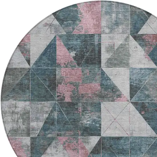8' Pale Aqua And Coral Round Geometric Washable Indoor Outdoor Area Rug Photo 8