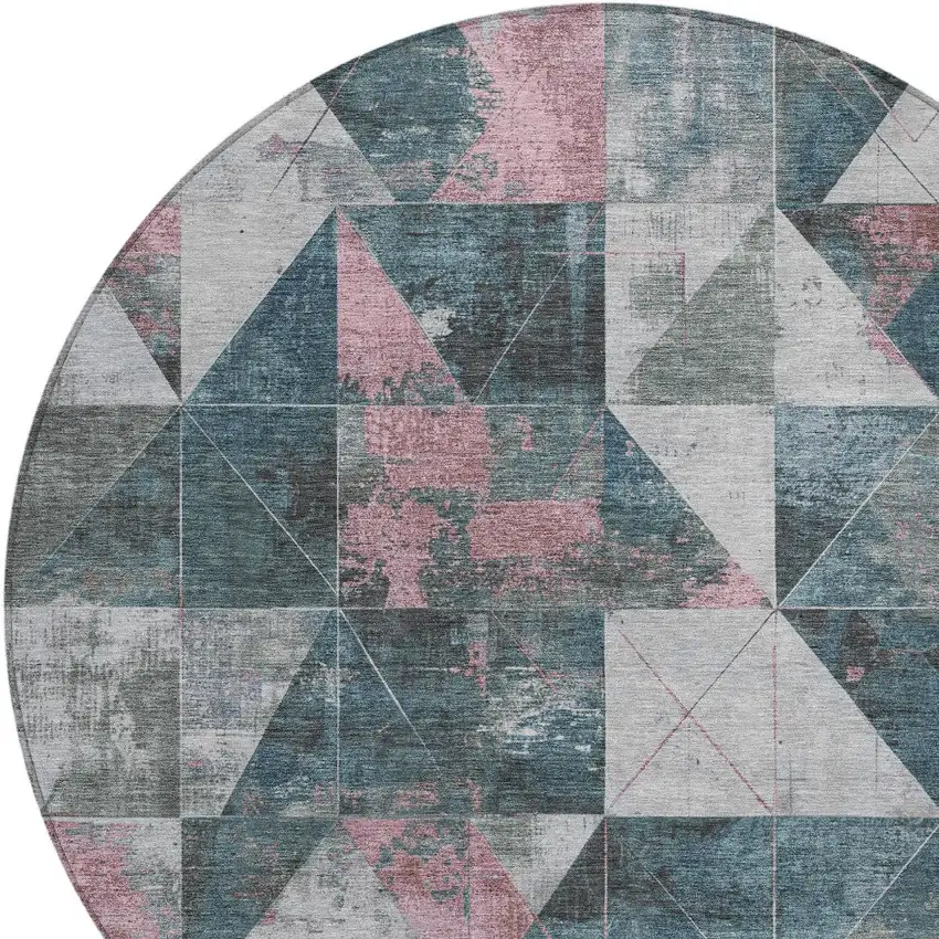 8' Pale Aqua And Coral Round Geometric Washable Indoor Outdoor Area Rug Photo 8