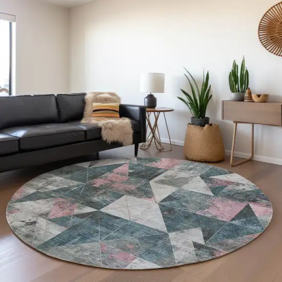 8' Pale Aqua And Coral Round Geometric Washable Indoor Outdoor Area Rug Photo 6