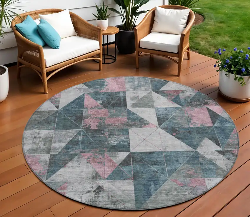 8' Pale Aqua And Coral Round Geometric Washable Indoor Outdoor Area Rug Photo 2