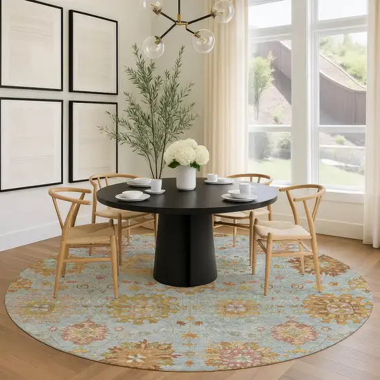 8' Pale Aqua And Gold Round Damask Washable Indoor Outdoor Area Rug Photo 9