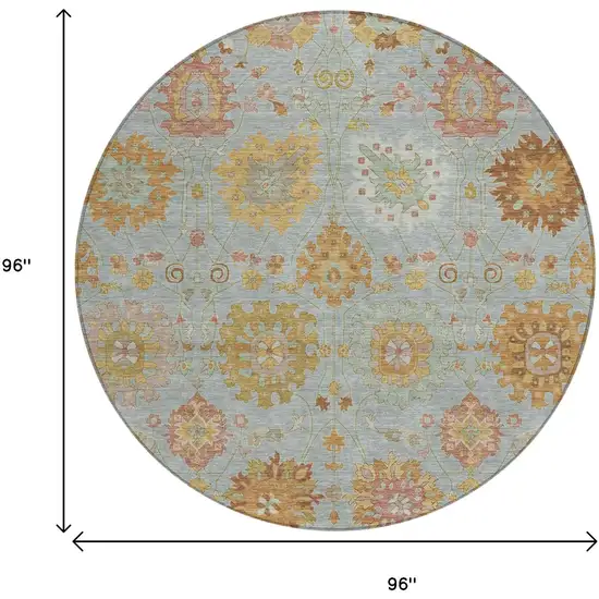 8' Pale Aqua And Gold Round Damask Washable Indoor Outdoor Area Rug Photo 3