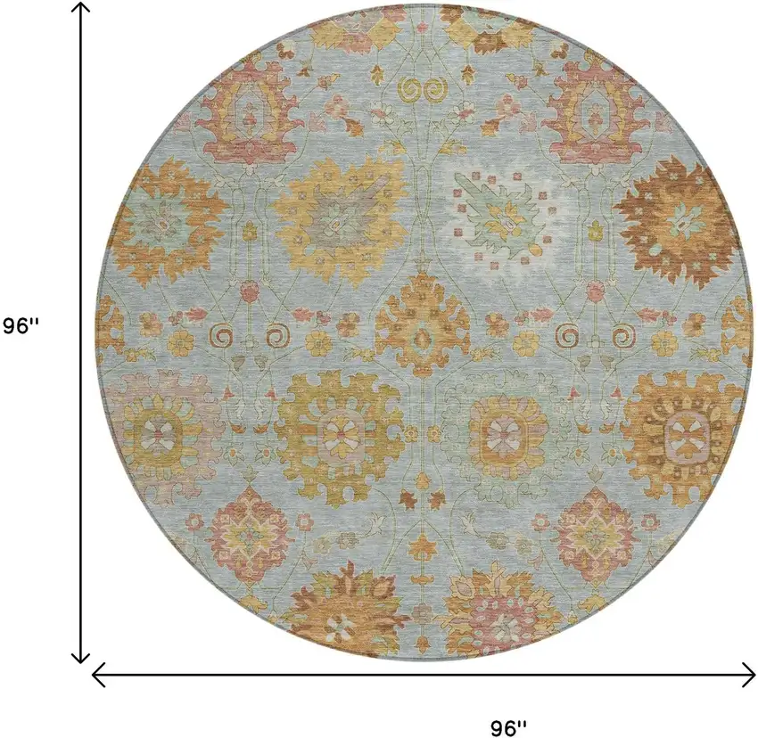 8' Pale Aqua And Gold Round Damask Washable Indoor Outdoor Area Rug Photo 3