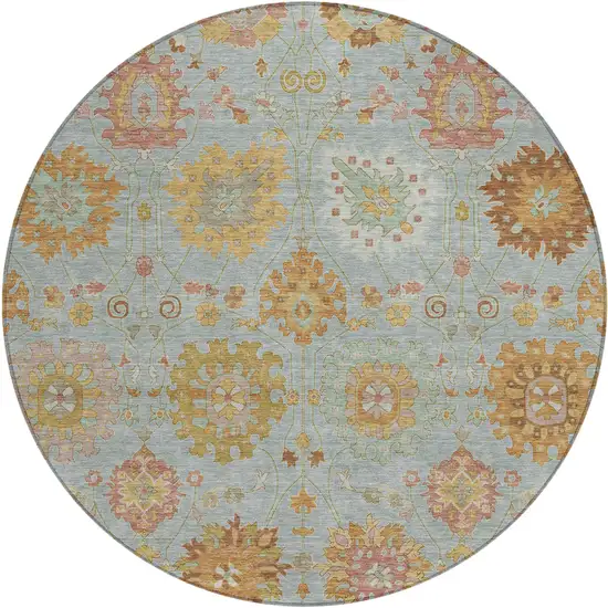 8' Pale Aqua And Gold Round Damask Washable Indoor Outdoor Area Rug Photo 2
