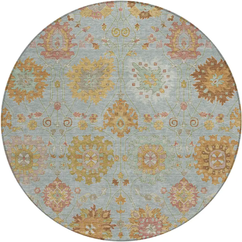8' Pale Aqua And Gold Round Damask Washable Indoor Outdoor Area Rug Photo 2