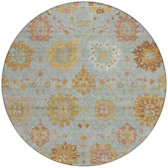 8' Pale Aqua And Gold Round Damask Washable Indoor Outdoor Area Rug Photo 4