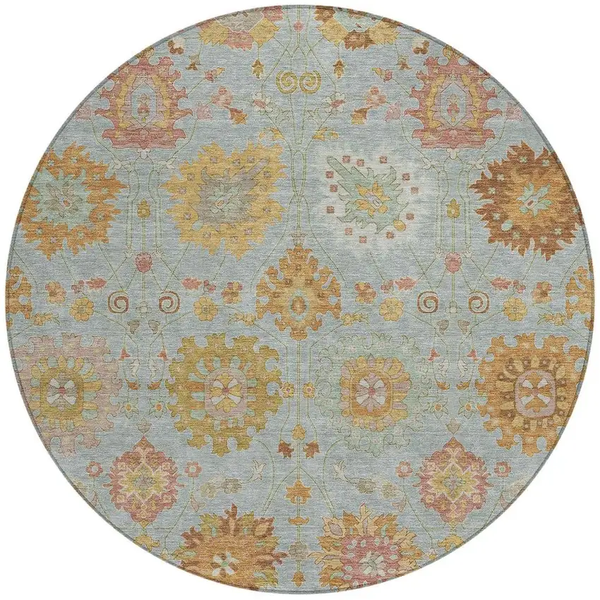 8' Pale Aqua And Gold Round Damask Washable Indoor Outdoor Area Rug Photo 4