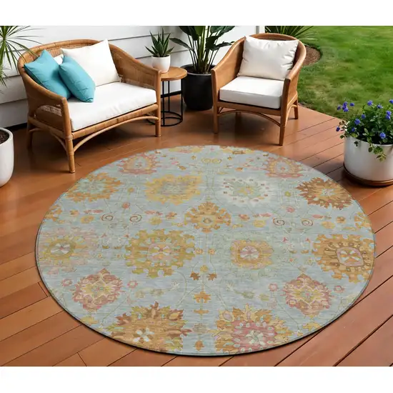 8' Pale Aqua And Gold Round Damask Washable Indoor Outdoor Area Rug Photo 1