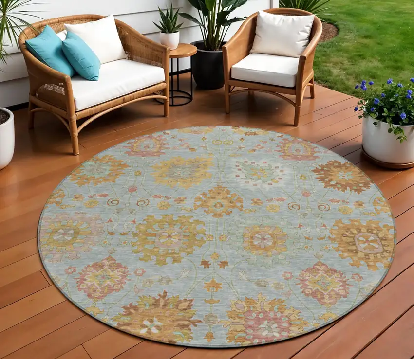 8' Pale Aqua And Gold Round Damask Washable Indoor Outdoor Area Rug Photo 1