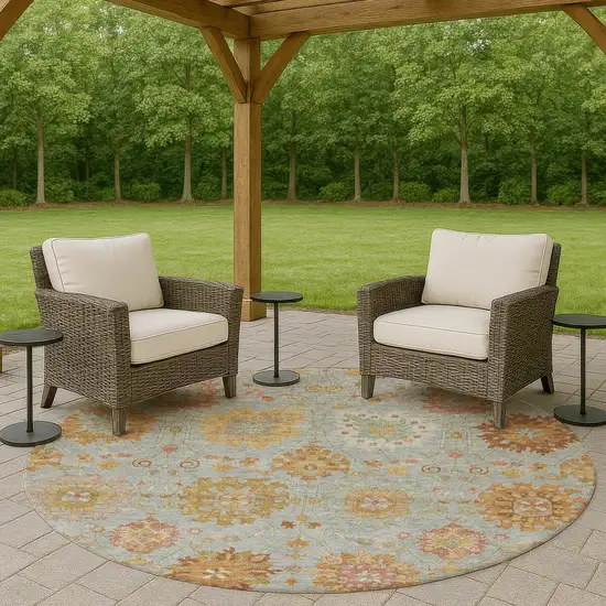 8' Pale Aqua And Gold Round Damask Washable Indoor Outdoor Area Rug Photo 9