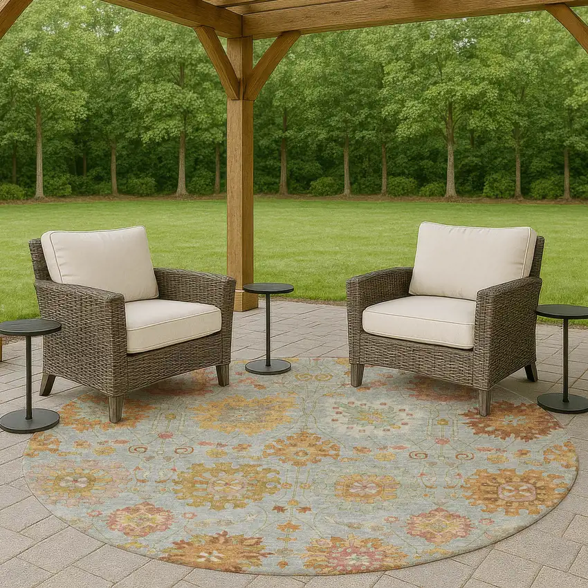 8' Pale Aqua And Gold Round Damask Washable Indoor Outdoor Area Rug Photo 9