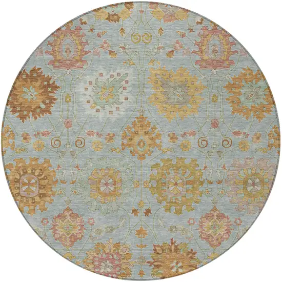 8' Pale Aqua And Gold Round Damask Washable Indoor Outdoor Area Rug Photo 5