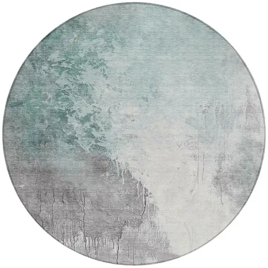 8' Pale Aqua And Gray Round Abstract Washable Indoor Outdoor Area Rug Photo 3