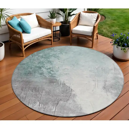 8' Pale Aqua And Gray Round Abstract Washable Indoor Outdoor Area Rug Photo 2