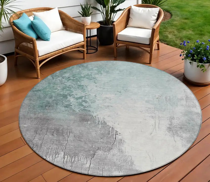 8' Pale Aqua And Gray Round Abstract Washable Indoor Outdoor Area Rug Photo 2