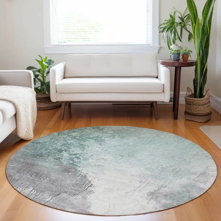 8' Pale Aqua And Gray Round Abstract Washable Indoor Outdoor Area Rug Photo 6