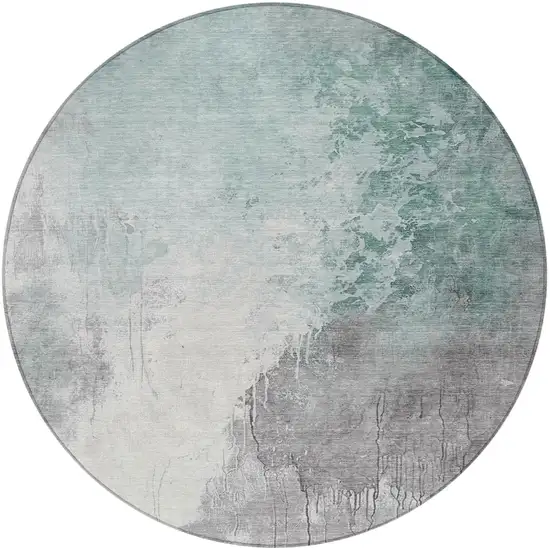 8' Pale Aqua And Gray Round Abstract Washable Indoor Outdoor Area Rug Photo 4