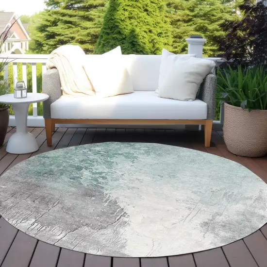8' Pale Aqua And Gray Round Abstract Washable Indoor Outdoor Area Rug Photo 5