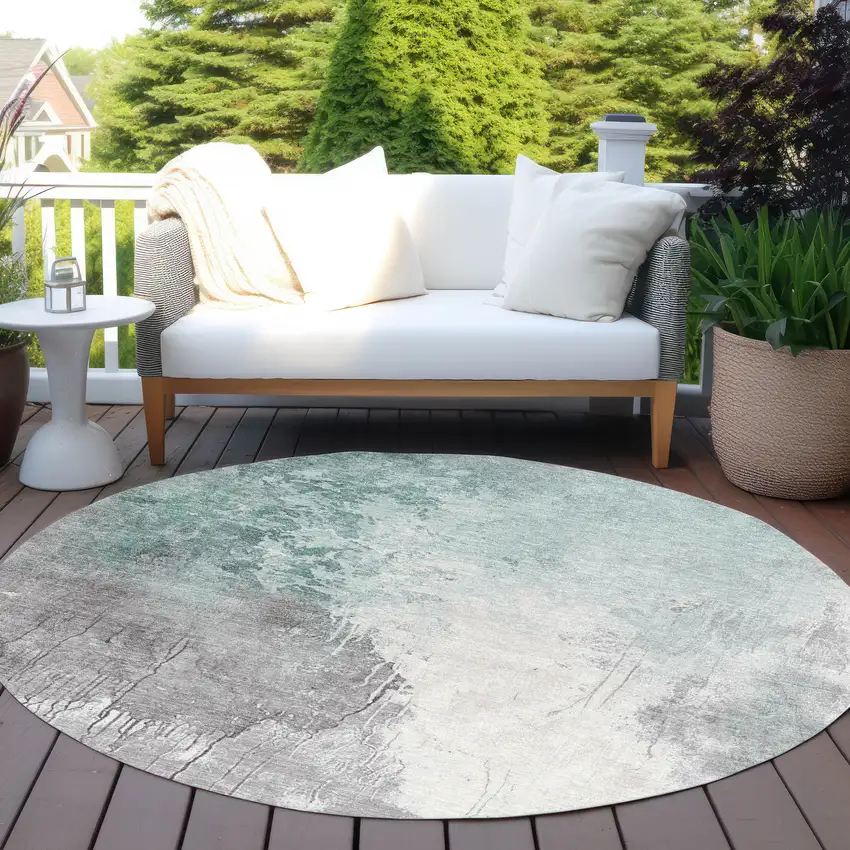 8' Pale Aqua And Gray Round Abstract Washable Indoor Outdoor Area Rug Photo 5