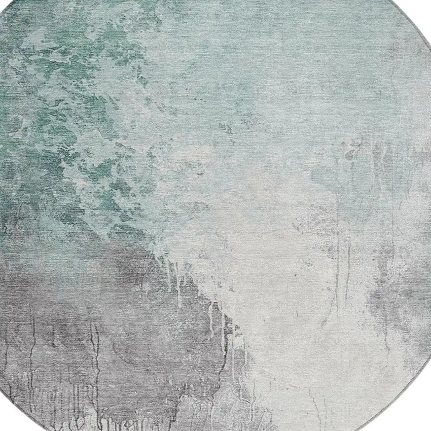8' Pale Aqua And Gray Round Abstract Washable Indoor Outdoor Area Rug Photo 8