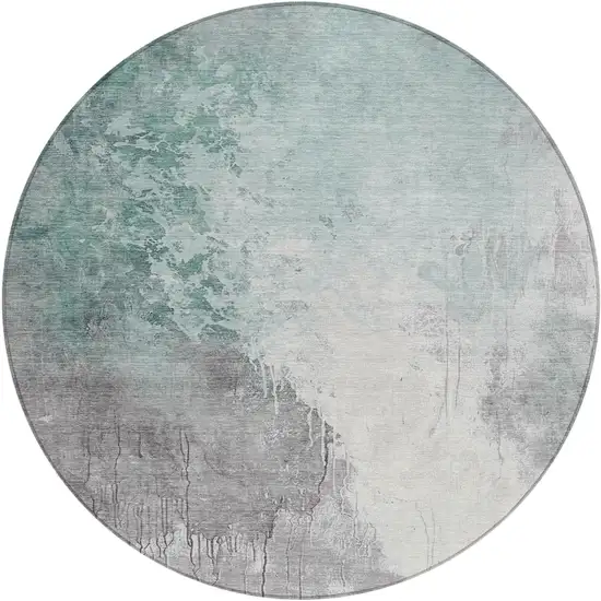 8' Pale Aqua And Gray Round Abstract Washable Indoor Outdoor Area Rug Photo 1
