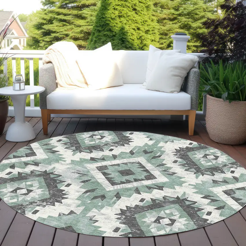 8' Pale Aqua And Gray Round Aztec Washable Indoor Outdoor Area Rug Photo 5