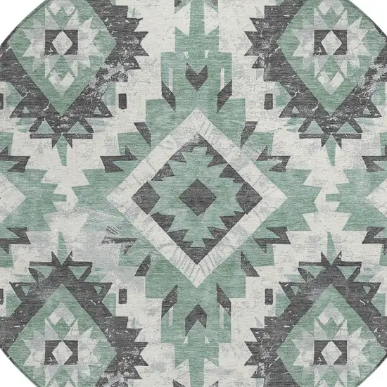 8' Pale Aqua And Gray Round Aztec Washable Indoor Outdoor Area Rug Photo 8