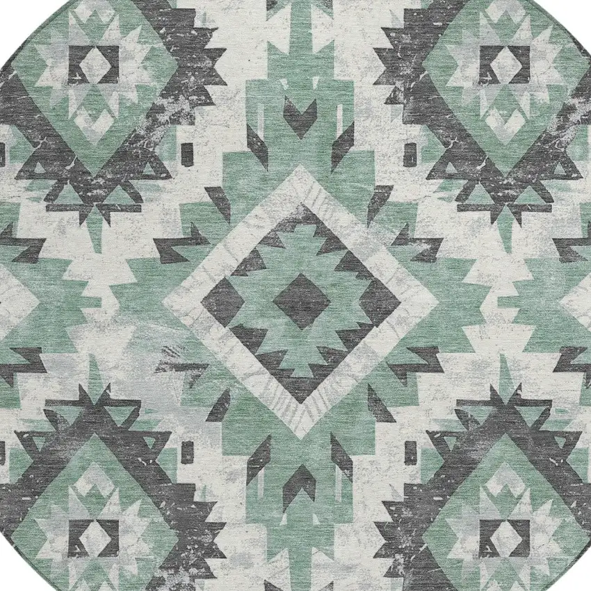 8' Pale Aqua And Gray Round Aztec Washable Indoor Outdoor Area Rug Photo 8
