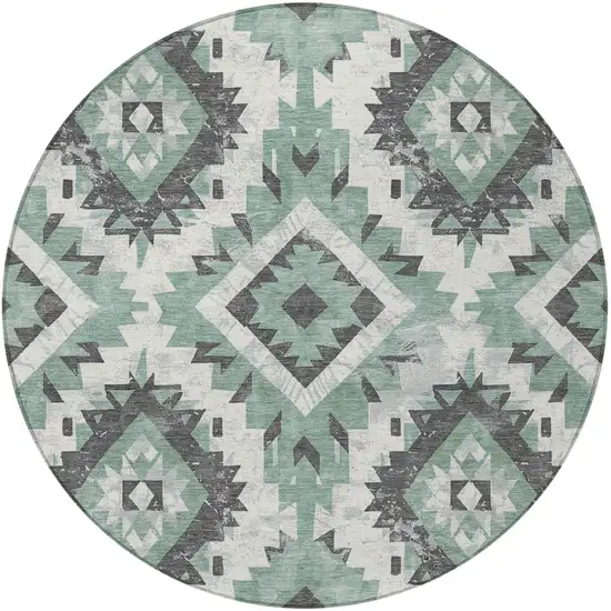 8' Pale Aqua And Gray Round Aztec Washable Indoor Outdoor Area Rug Photo 3