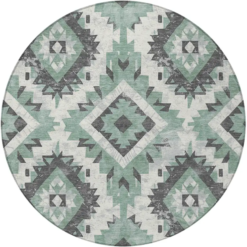 8' Pale Aqua And Gray Round Aztec Washable Indoor Outdoor Area Rug Photo 3